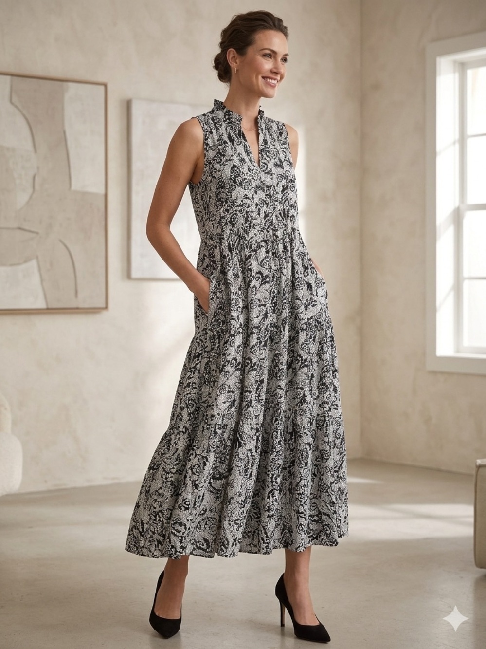 Maeve by Anthropologie Paisley Ruffle-Neck Maxi Dress - XS - 100% Modal